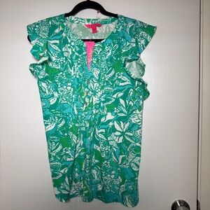 Lilly Pulitzer Golda Botanical Green Safari Top with Pink Label Medium NWT